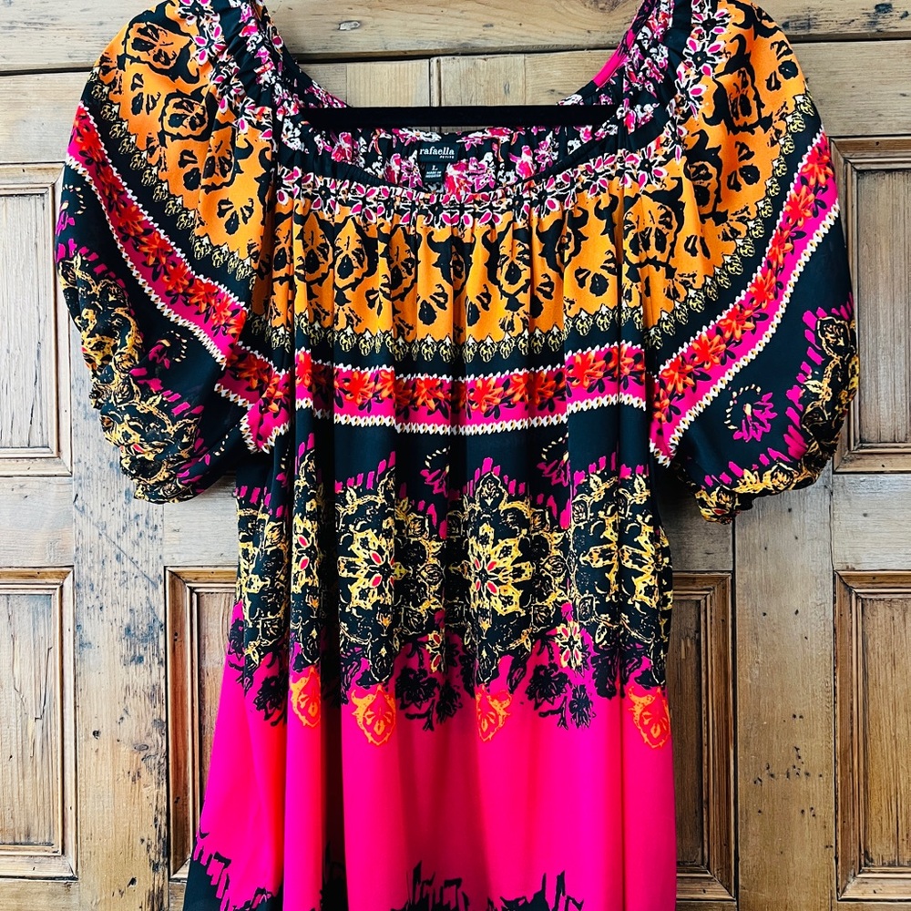 Rafaella
Pink, Orange, Yellow & Black Pullover 
Peasant Top
Balloon Sleeves
